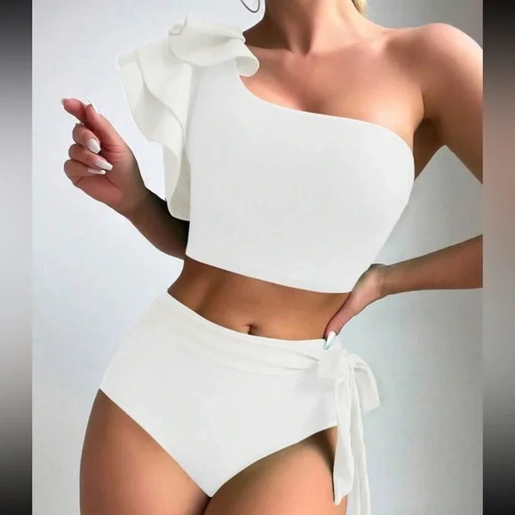 Black Swimsuit Swear wear Ruffle Trim One Shoulder Top High Waist Bottom - Picture 13 of 15